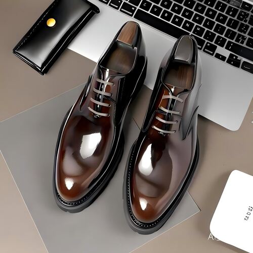 头层牛皮增高商务亮皮德比鞋厚底
