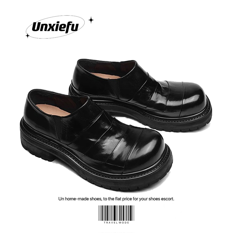 水洗牛皮英伦德比鞋黑色套皮鞋男