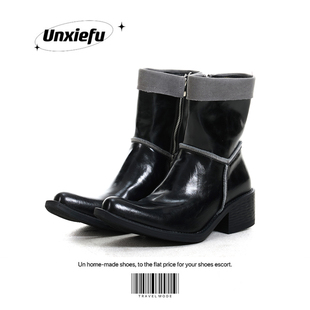 UNZIZHI 新款方头尖头切尔西靴男女款巫师靴粗跟增高短靴潮流皮靴