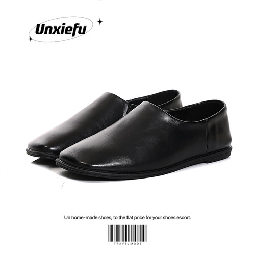 2025头层牛皮平底方头乐福鞋男女