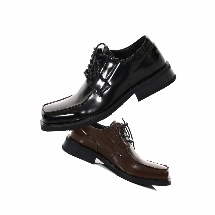 头层牛皮油光方头德比鞋男女皮鞋