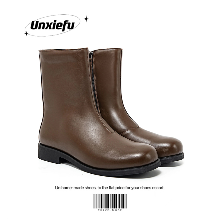 棕色方头马丁靴极简切尔西靴子男