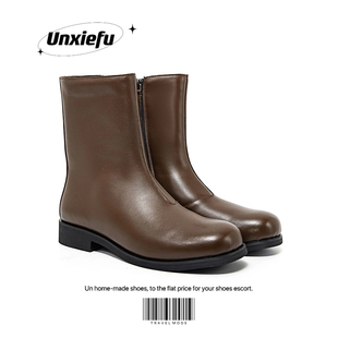 UNZIZHI 棕色方头马丁靴真皮中筒靴切尔西极简高级短筒靴子男厚底