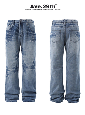 Ave.29th美式复古高街CleanFit闪电裂纹重水洗直筒微喇牛仔裤