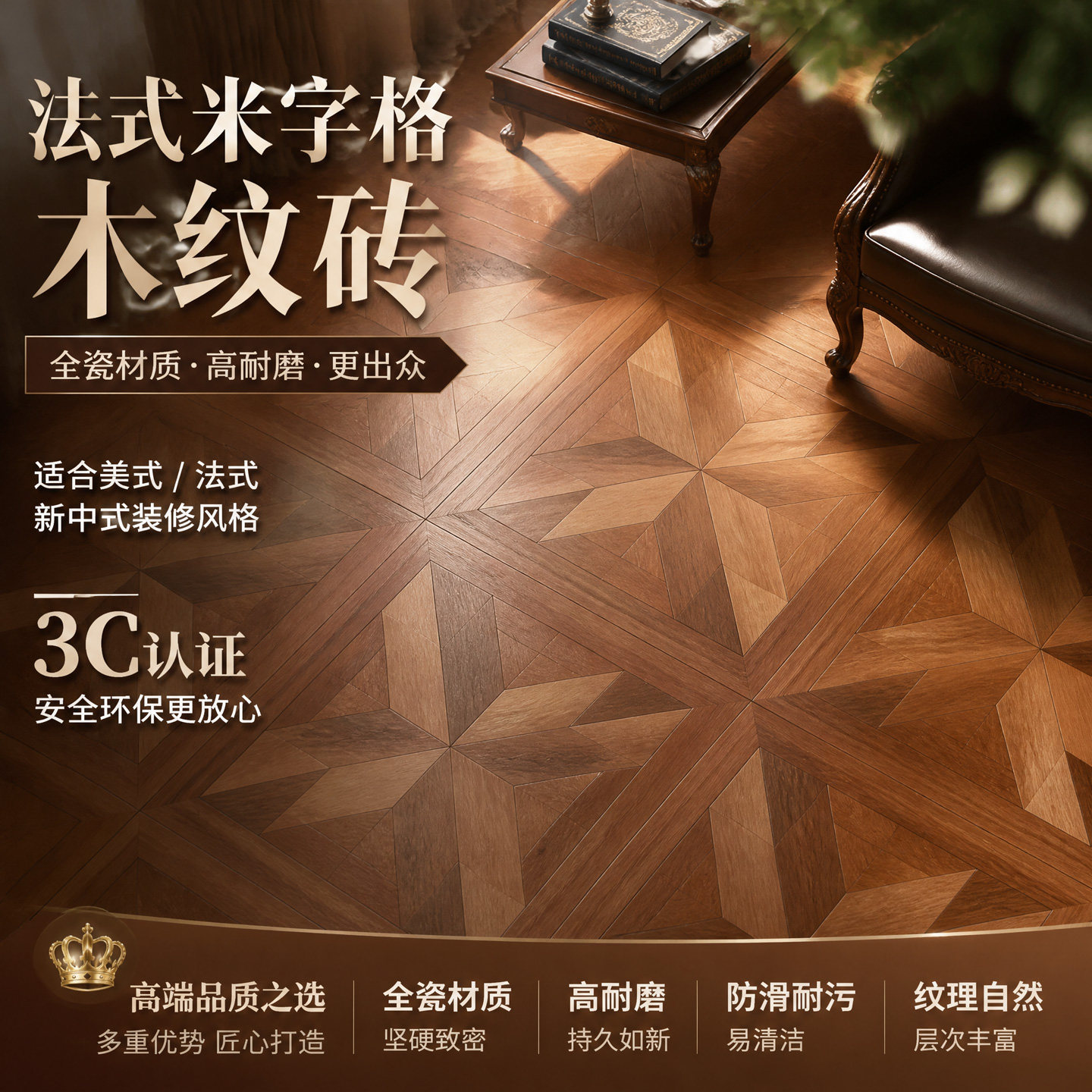 800800法式米字格木纹砖全瓷高耐磨防滑中式装修瓷砖