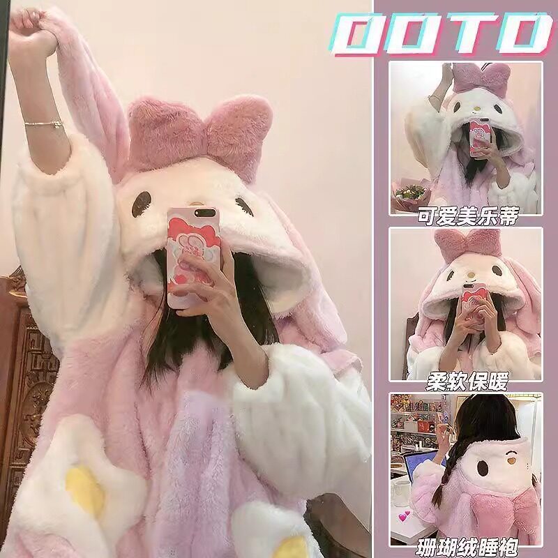 可爱兔子珊瑚绒睡袍卡通女生睡衣