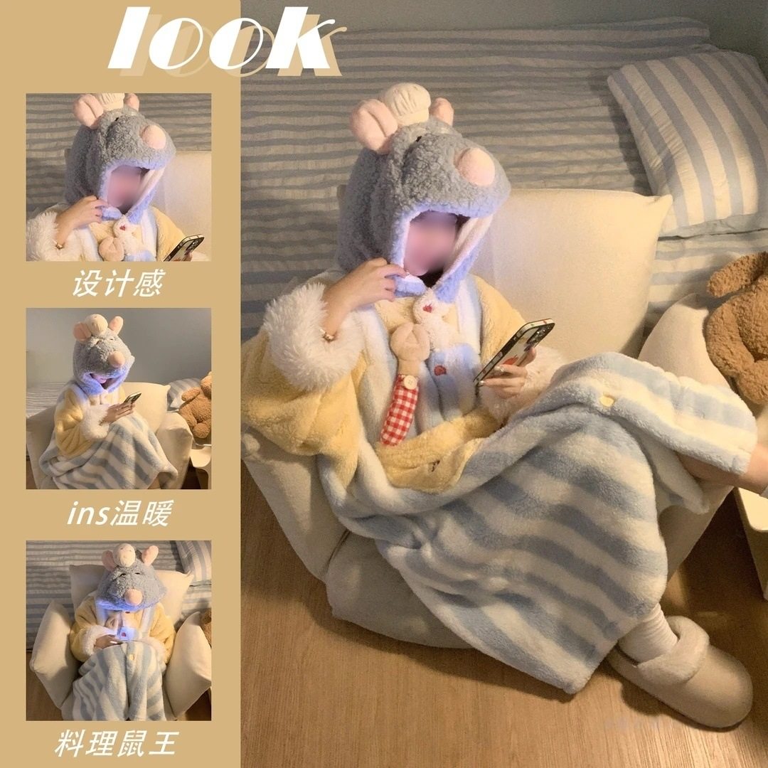 料理鼠王睡衣女冬季加厚珊瑚绒可爱搞怪睡袍连帽可外穿保暖家居服