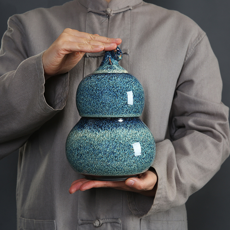 天目釉双层葫芦茶叶罐窑变密封罐