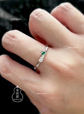 青竹系列 通体s925银竹叶竹节锆石戒指 活口可调节