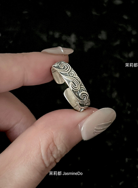 通体s925银 复古做旧 国风海潮纹 开口戒指  可调节 不掉色