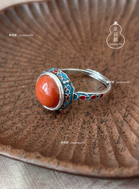 茉莉都【南景】通体s925银南红玛瑙民族风中式精巧小众活口戒指