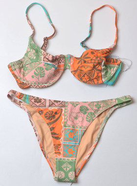 澳洲品牌Par*复古印花钢托聚拢比基尼分体泳衣女度假沙滩bikini