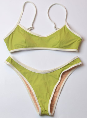 澳洲品牌Par*青柠绿撞白边显白比基尼分体泳衣女度假沙滩bikini