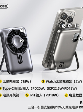 Remax三合一磁吸15W无线快充充电宝移动电源20WPD快充支架充手表