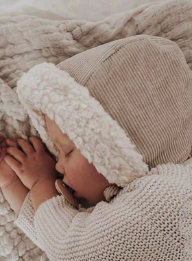 婴儿帽子灯芯绒加绒男女宝宝新生儿儿童秋冬季防风保暖护耳外出帽