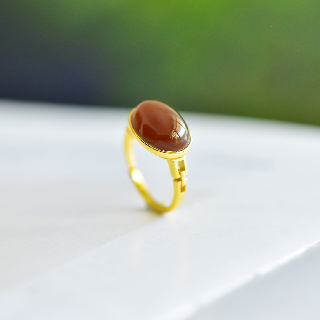 和田玉糖料蛋形戒指925银镶糖蛋面戒指女款时尚百搭复古女友礼物