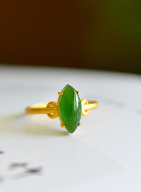 天然和田玉碧玉马眼戒指925银镶碧玉棱形戒指新中式国风送女友