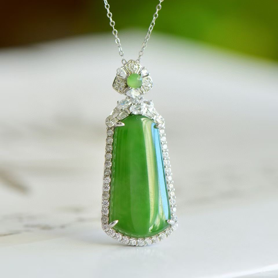 和田玉碧玉无事牌吊坠S925银镶碧玉平安无事牌吊坠玉项链证书礼物