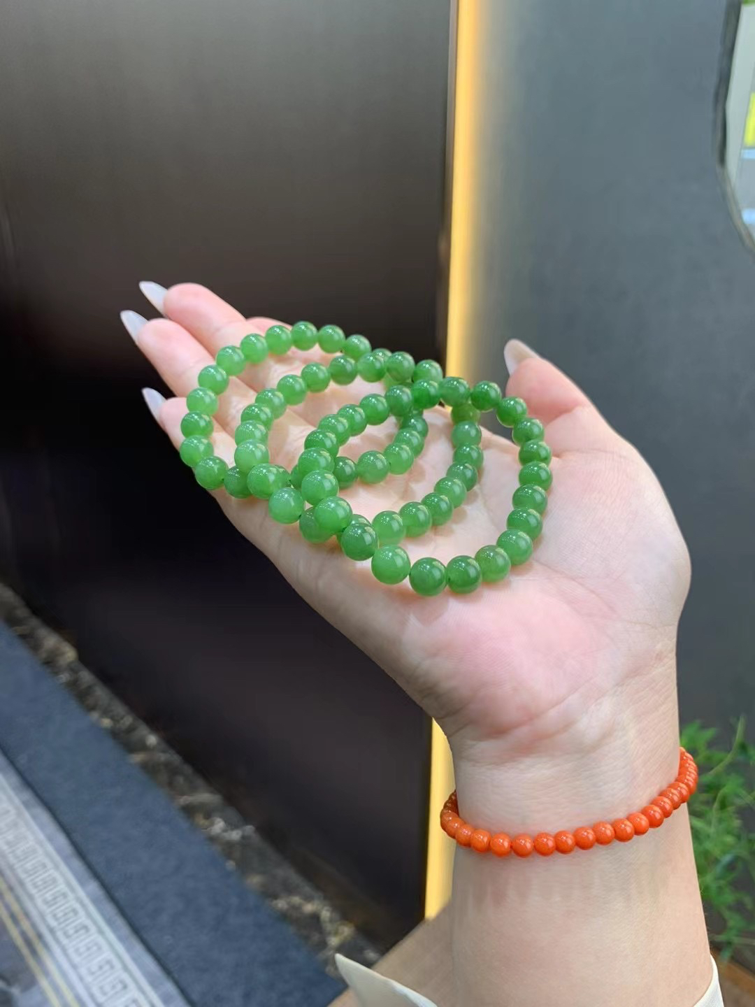 天然和田玉碧玉圆珠手串卡8mm苹果绿单圈手串叠戴手串高品质证书