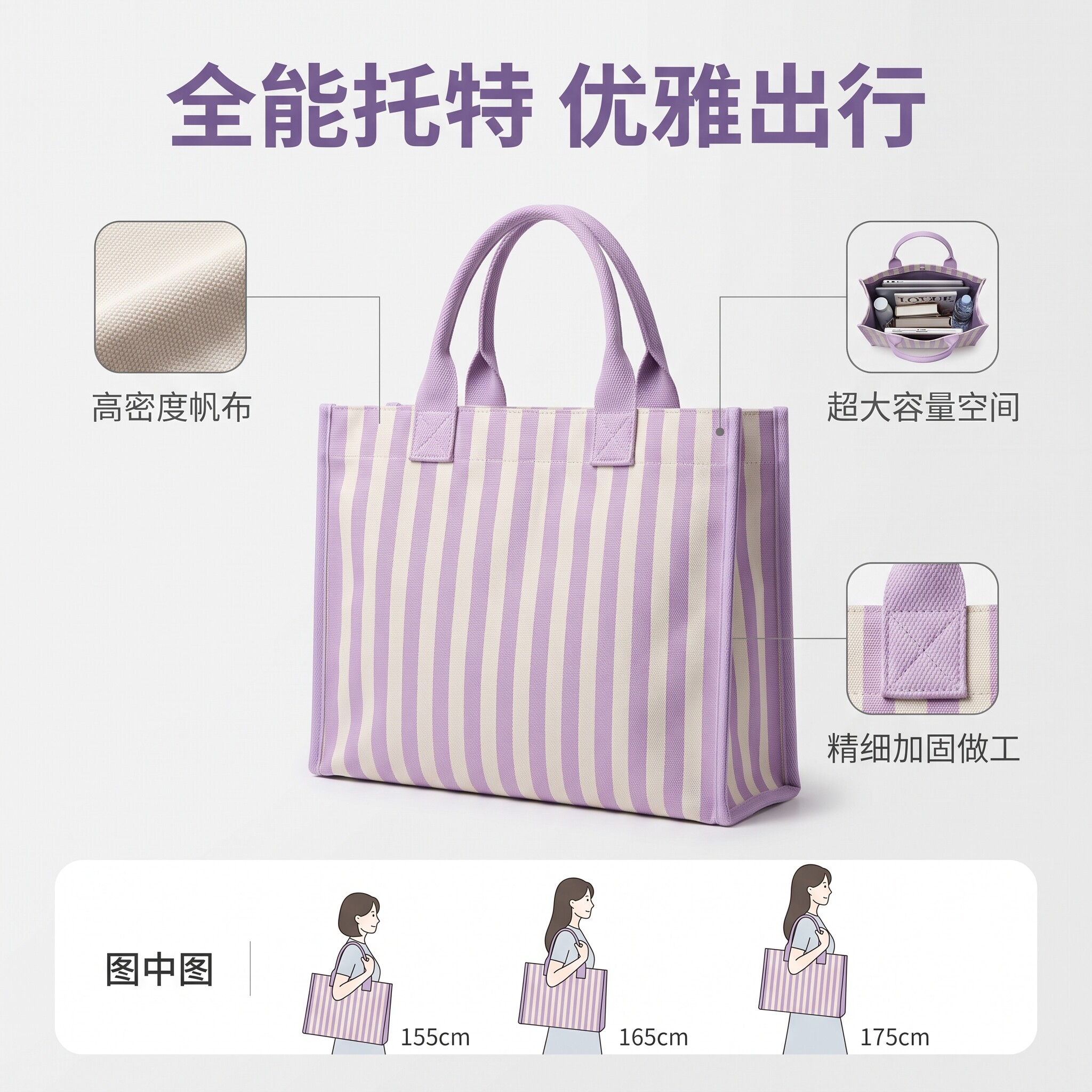 紫色条纹帆布托特包女韩系 ins 慵懒风大容量单肩包通勤购物袋图片