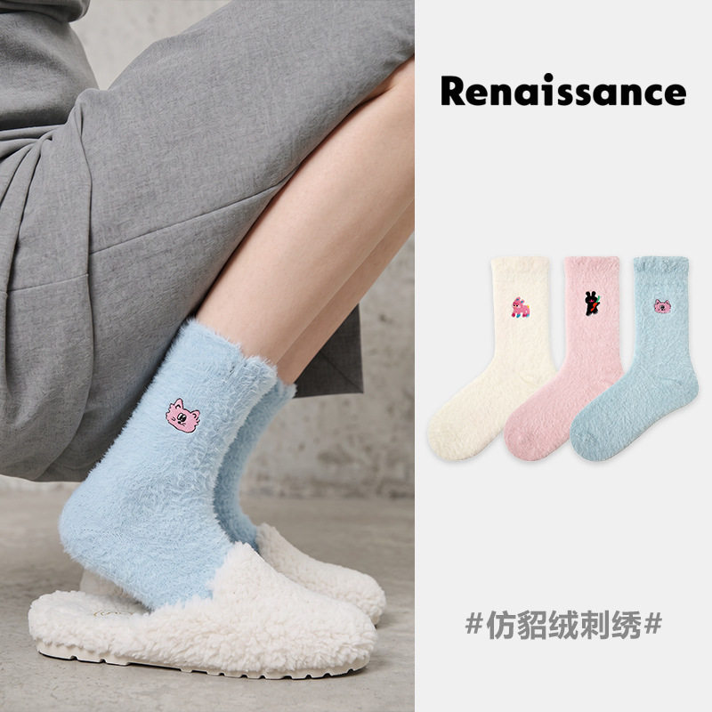 Renaissance秋冬毛绒女袜子加绒长袜加厚仿貂绒动物刺绣中筒潮袜