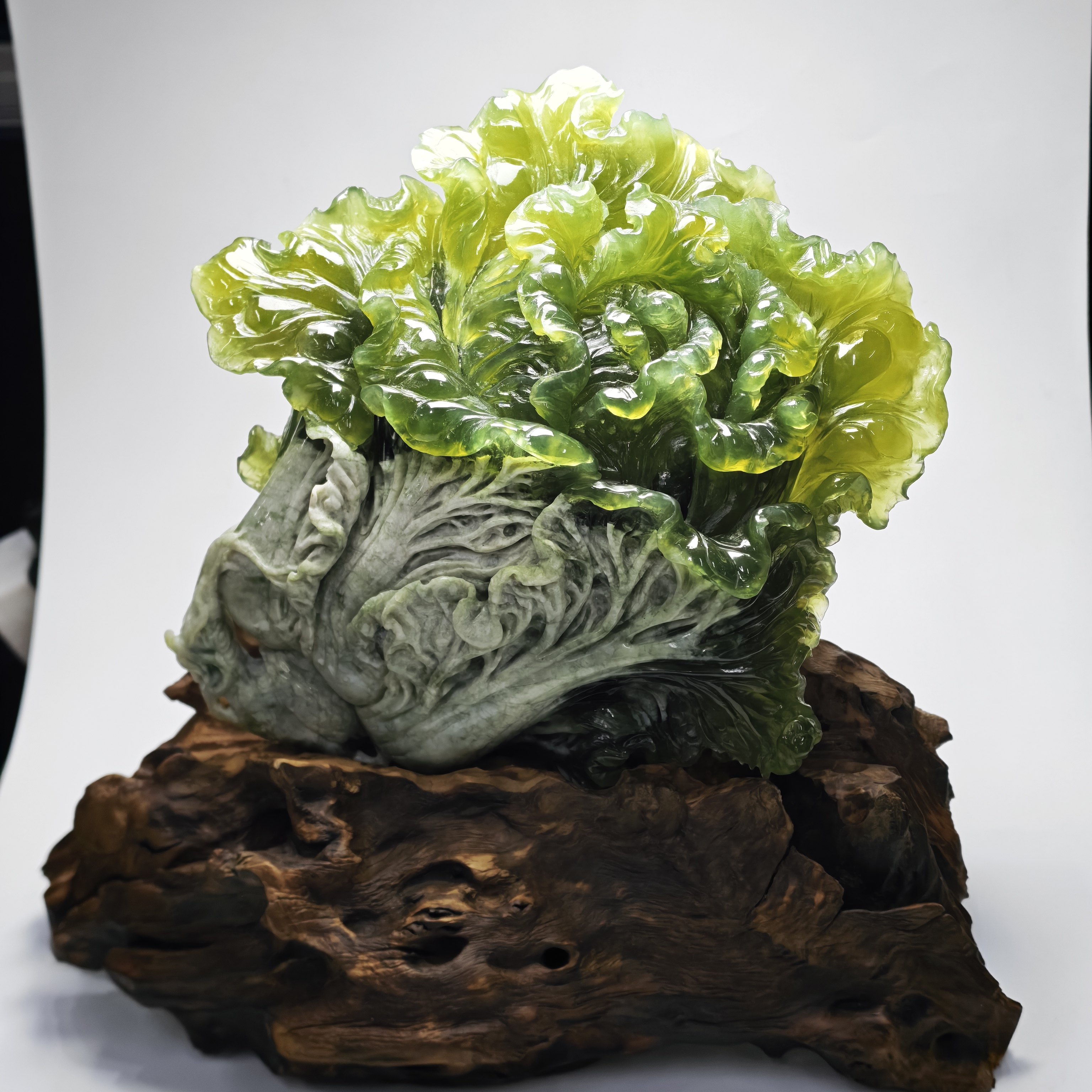 精品岫玉白菜摆件天然俏雕根雕底座百财俱来人生富贵玉石摆件