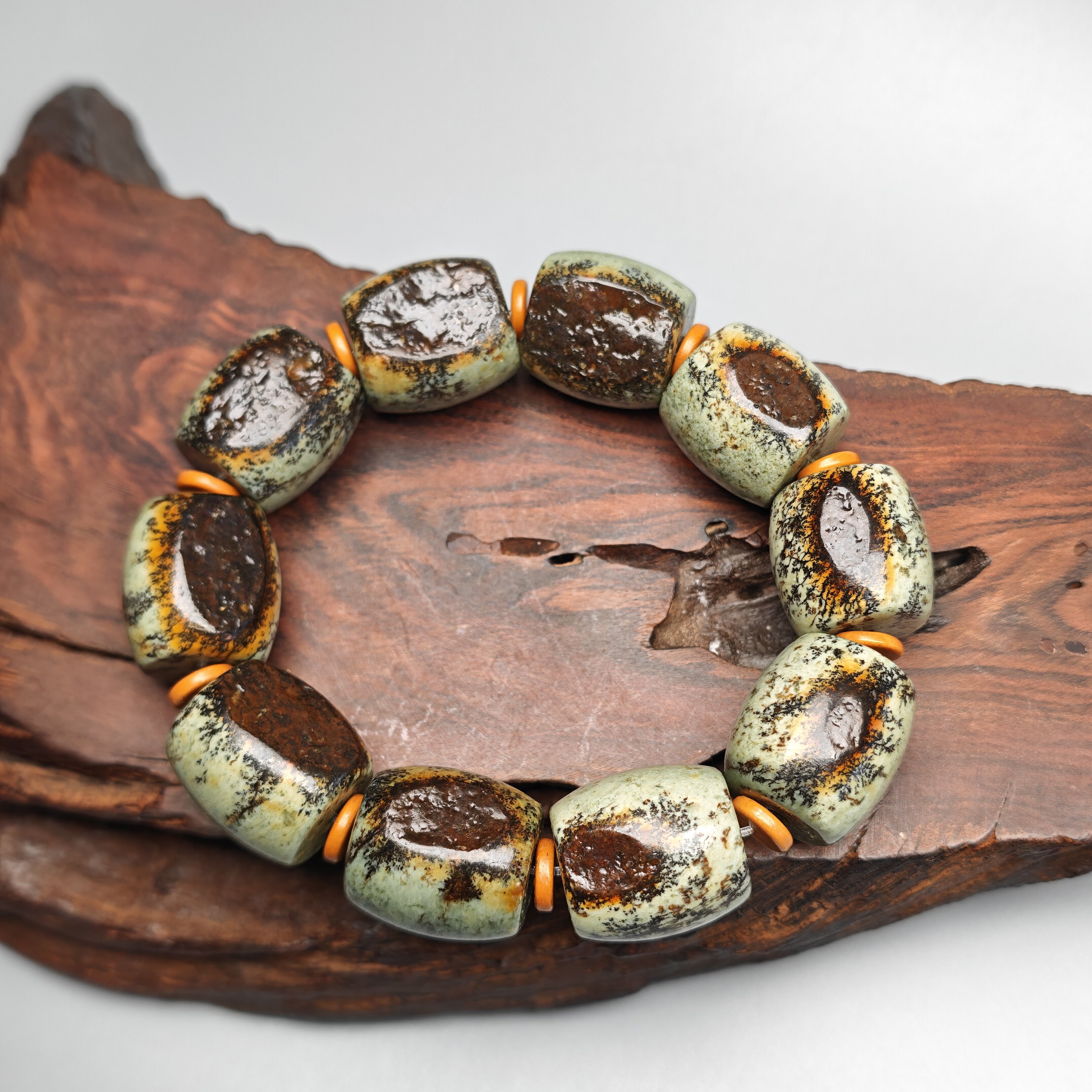 精品收藏析木河磨玉籽料手串手链男款颗颗原皮蓝浆水草花天然老皮