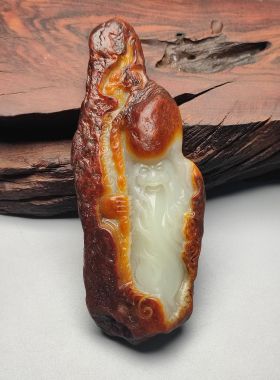 和田玉全壳独籽寿星挂件把玩手把件俏色巧雕大师雕工红皮白肉