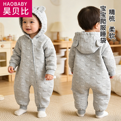 宝宝三层夹棉连体衣儿童宝宝保暖衣服秋冬款外出服拉链款爬服
