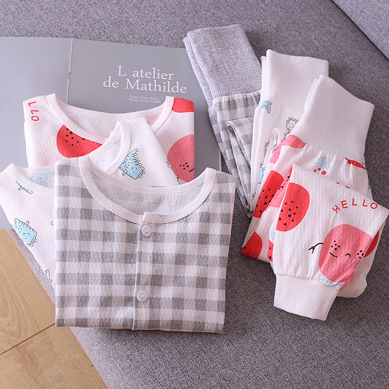 긴팔 가디건 하이 웨이스트 배꼽 바지 세트  순면 메쉬 얇은 속옷 잠옷 홈웨어 여름