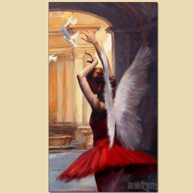 纯手绘油画书房客栈别墅走廊过道高端画落地画天使翅膀舞女月鸽子