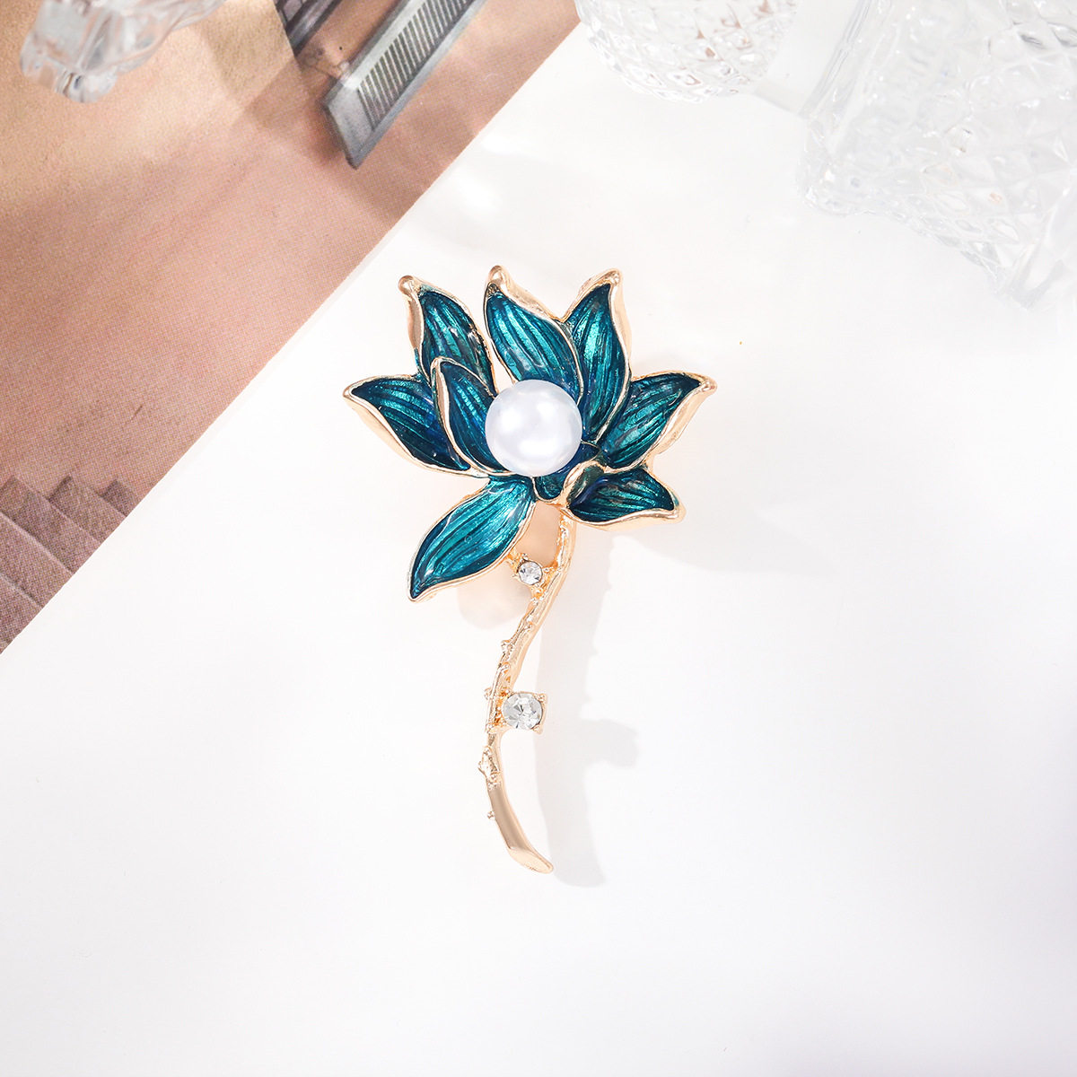 中国风蓝色莲花珍珠胸花国潮配饰服装衣饰胸针女现货