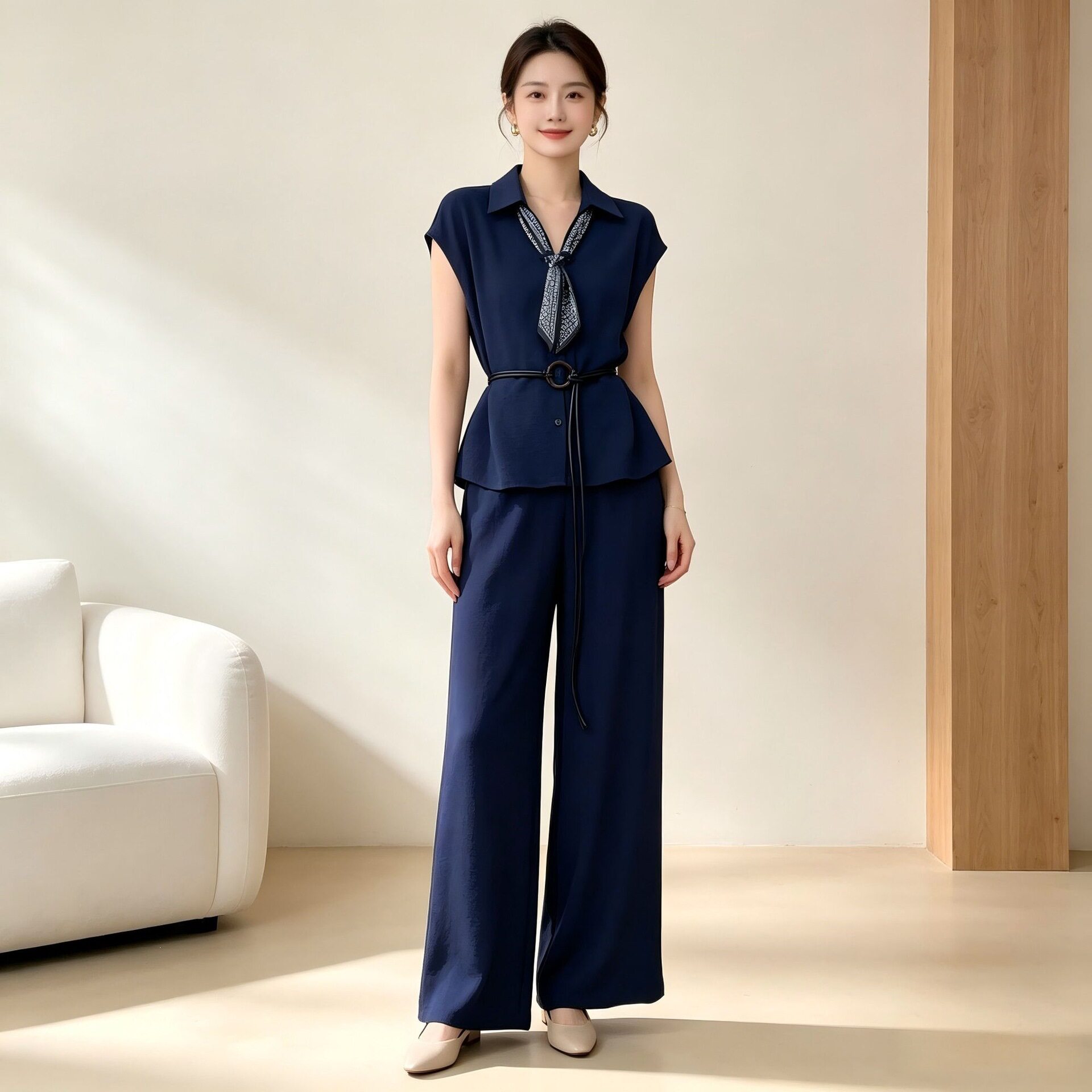 时尚套装女2026年夏季新款丝巾装饰减龄上衣休闲百搭长裤套装女装