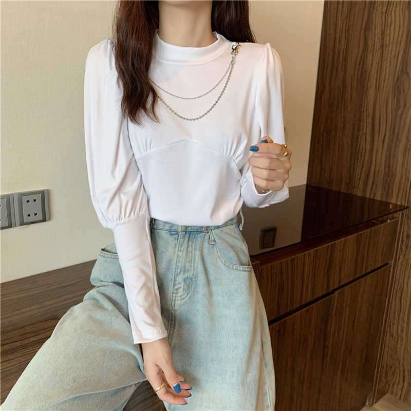 Real shot real price bubble sleeve bottomed top design sense Necklace decorative T-shirt shows thin and versatile foreign style long sleeves