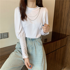 Real shot real price bubble sleeve bottomed top design sense Necklace decorative T-shirt shows thin and versatile foreign style long sleeves