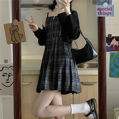 Real price zipper decorative Sling Dress with retro Plaid high waist pleated A-line skirt for women