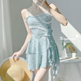 修身 吊带连体裙式 显瘦保守泳衣女温泉度假 花间蝶影 夏语微琪