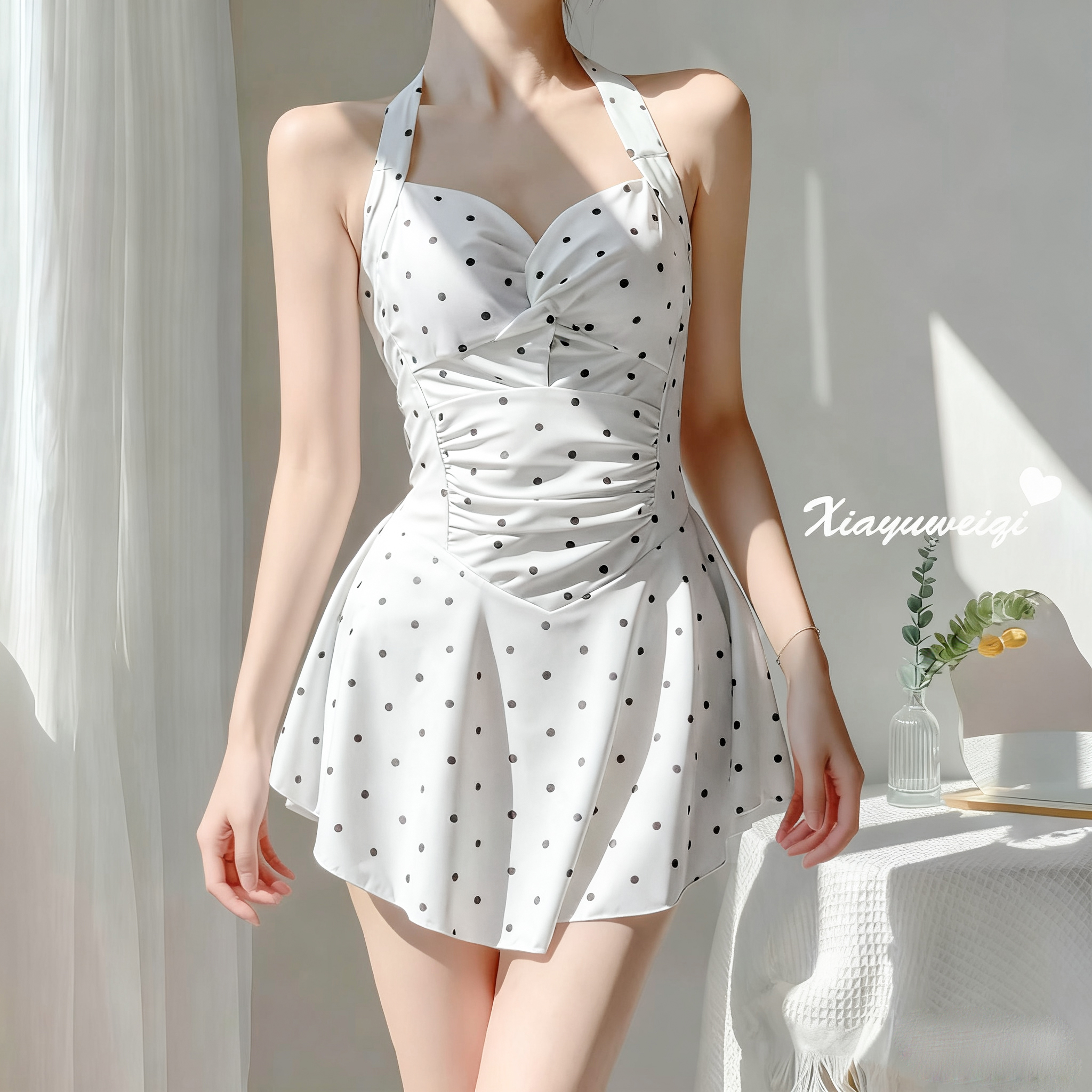 夏语微琪【miusi】波点裙式挂脖连体显瘦遮肚小胸保守泳衣女温泉