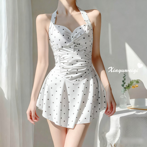 夏语微琪【miusi】波点裙式挂脖连体显瘦遮肚小胸保守泳衣女温泉