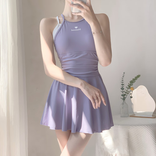 夏语微琪【紫鸢尾】运动风裙式遮肚显瘦保守连体游泳衣女温泉度假