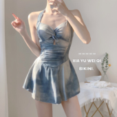 辣妹挂脖裙式 夏语微琪 薇薇安 保守遮肚显瘦连体泳衣温泉高级感