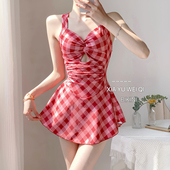 连体泳衣女温泉 复古红格显白显瘦遮肚保守裙式 夏语微琪 格雷格