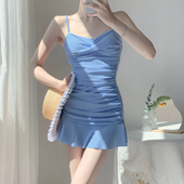 修身 夏语微琪 吊带连体裙式 love 显瘦保守分体泳衣女温泉 Blue