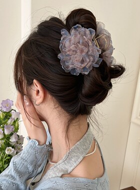 春夏超仙欧根纱晕染花朵发夹女高级感后脑勺盘发抓夹丸子头鲨鱼夹