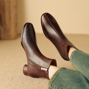 鞋 里外全皮软皮羊皮短靴女春秋单靴冬季 中跟粗跟裸靴真皮黑色棕色