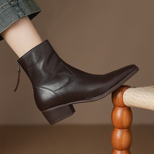 鞋 里外全皮4厘米中跟粗跟小方头短靴女春秋单靴冬季 真皮黑色棕色