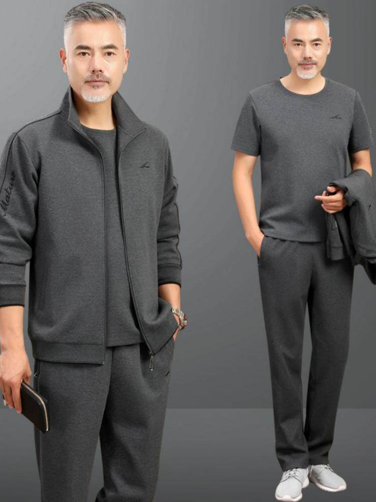 爸爸运动服套装气质男士春秋季三件套休闲大码中老年男装外套秋装
