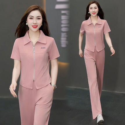 洋气质冰丝运动套装女夏季透气显瘦翻领短袖阔腿裤两件套