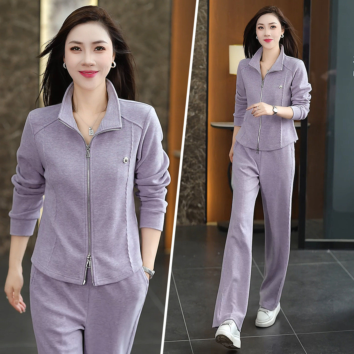 时尚休闲运动套装女春秋立领拉链外套阔腿裤两件套减龄