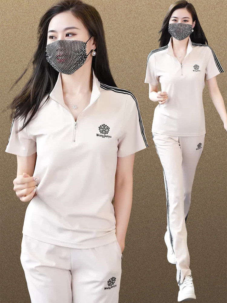 运动套装女夏季新款时尚减龄短袖大码女士气质跑步休闲冰丝两件套